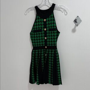Green and Black Houndstooth Mini Dress